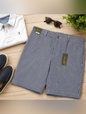 Henry Cotton's Navy and White Gingham Flat Front Shorts